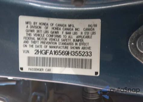 2009 Honda Civic Lx z USA, uszkodzony, nr VIN 2HGFA16569H355233